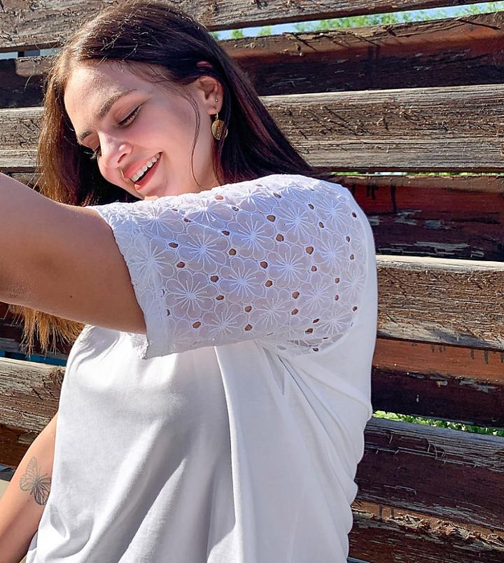 Asos Design Curve T-shirt With Floral Cutwork Sleeve Detail-white