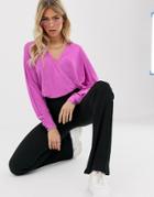 Asos Design Wrap Top In Slinky Fabric With Batwing Sleeve In Purple - Purple