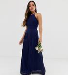 Tfnc Petite Bridesmaid Exclusive High Neck Pleated Maxi Dress In Navy - Navy