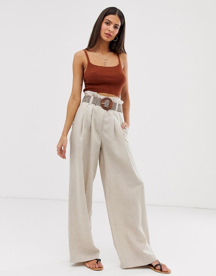 River Island Wide Leg Pants With Belt In Oatmeal-cream