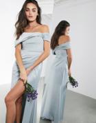 Asos Edition Satin Bardot Drape Wrap Maxi Dress In Ice Blue-blues