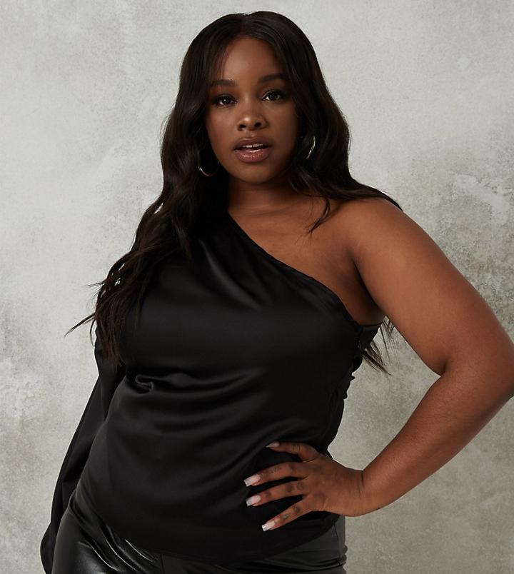 Missguided Plus One Shoulder Blouse With Balloon Sleeve In Black Satin