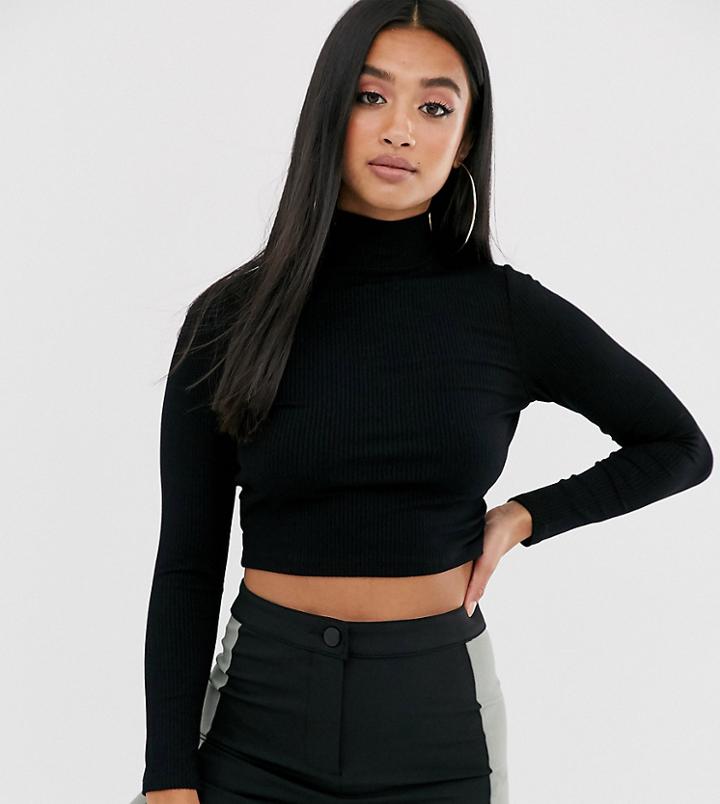 Asos Design Petite Turtleneck Long Sleeve Rib Crop Top In Black