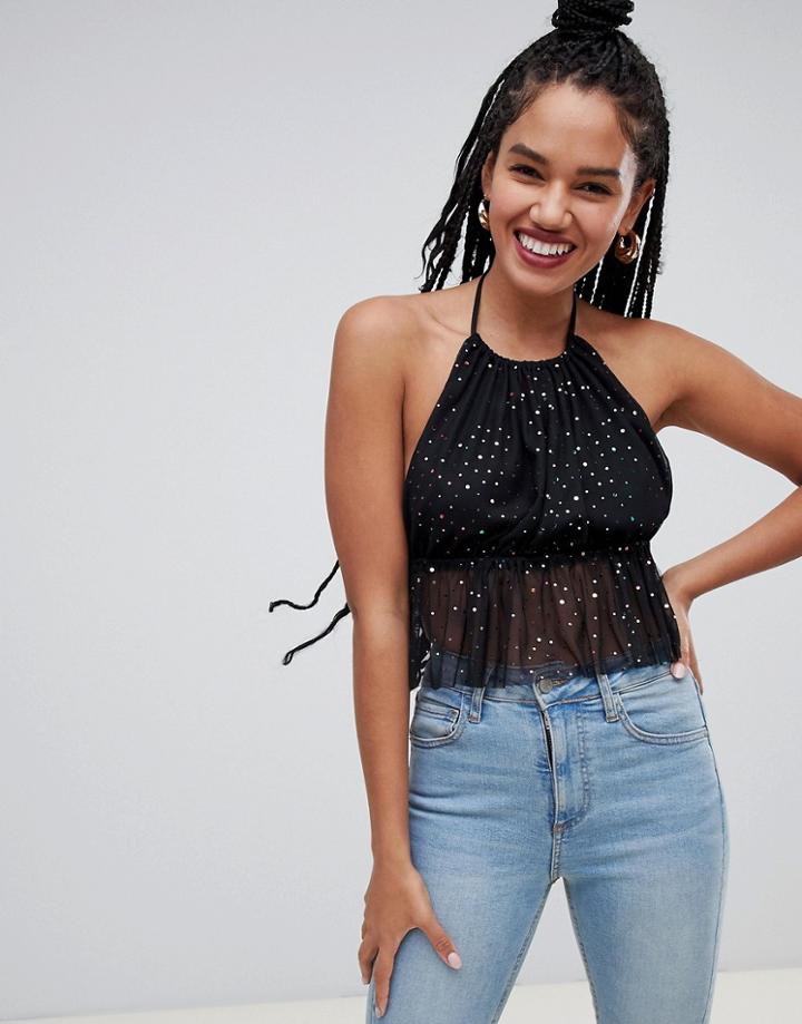 Miss Selfridge Halter Neck Crop Top With Glitter Mesh Overlay In Black - Multi