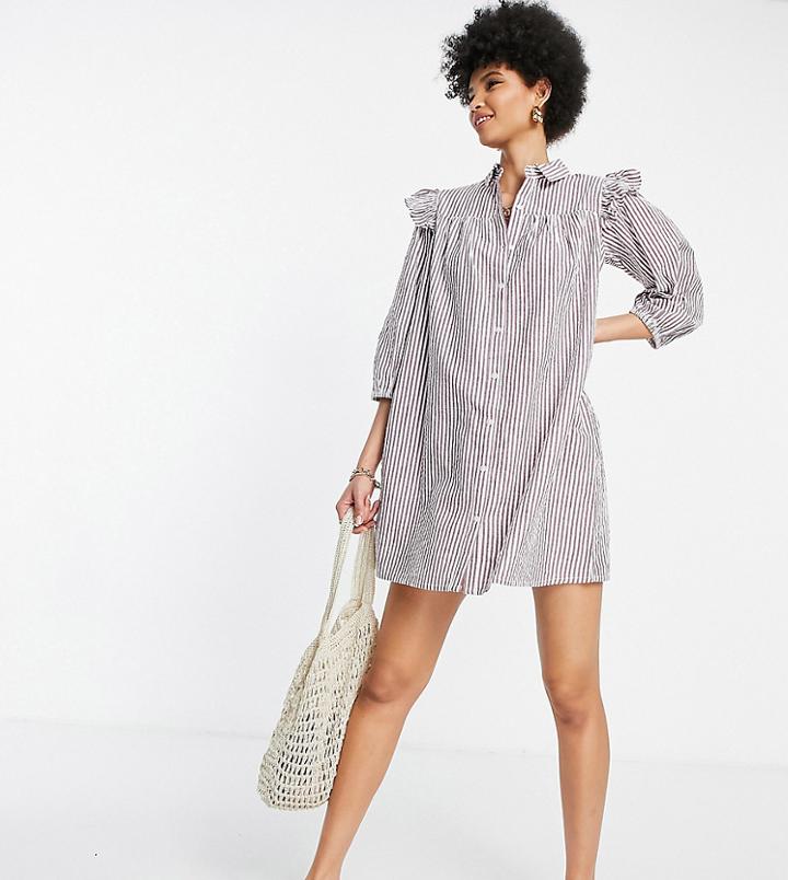Influence Tall Frill Shoulder Shirt Dress In Brown Stripe