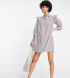 Influence Tall Frill Shoulder Shirt Dress In Brown Stripe