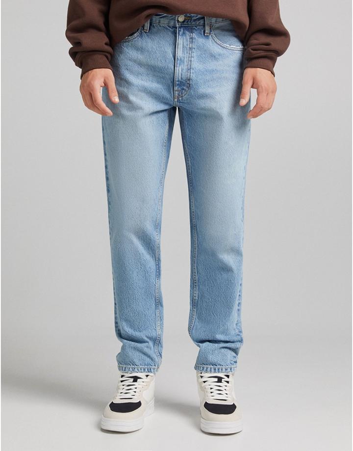 Bershka Straight Leg Jeans In Light Blue-blues