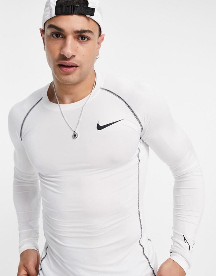 Nike Training Pro Swoosh Outline Graphic Tight Compression Long Sleeve T-shirt In White