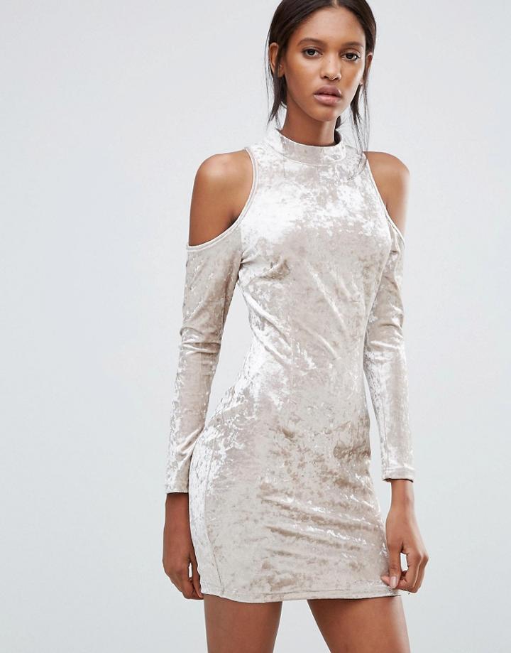 Madam Rage Cold Shoulder Bodycon Velvet Dress - Beige