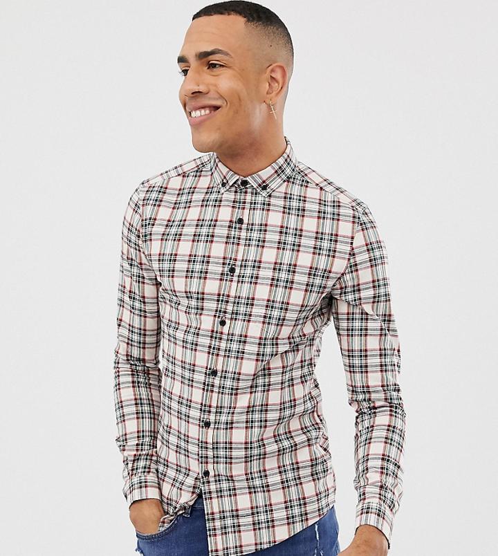 Asos Design Tall Skinny Fit Check Shirt In Ecru - Beige