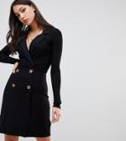Asos Design Tall Mini Rib Double Breasted Blazer Dress With Faux Horn Buttons - Black