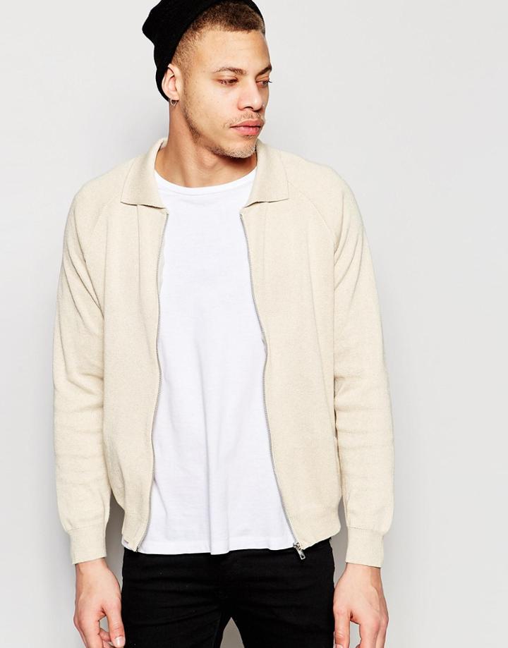 Asos Knitted Harrington Jacket In Beige - Oatmeal