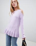 B.young Ruffle Hem Cold Shoulder Top - Pink