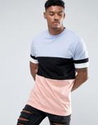 Asos Longline T-shirt With Color Block And Sleeve Stripes - Blue