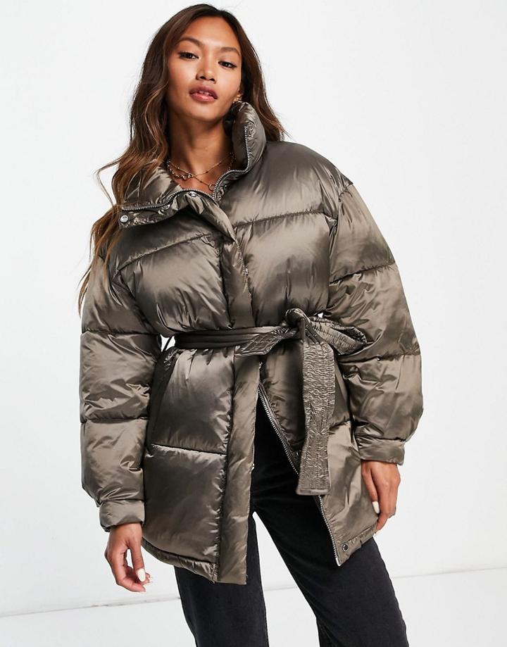 Mango Belted Puffer Coat In Brown