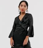 Outrageous Fortune Petite Ruffle Wrap Dress With Fluted Sleeve In Black Leopard - Black