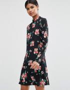Asos High Neck Skater Dress With Open Back In Floral - Multi