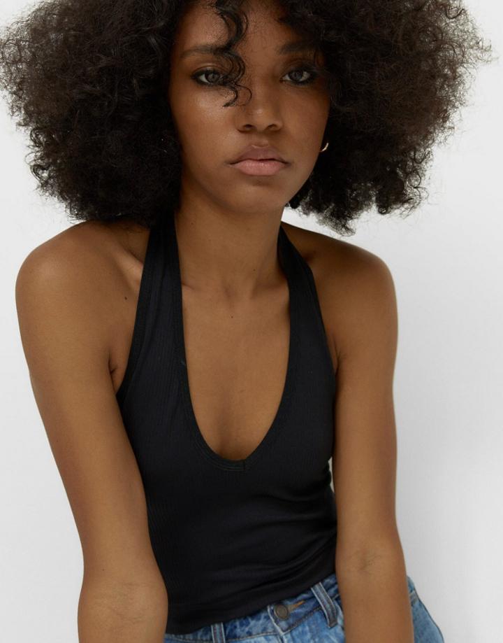 Stradivarius Ribbed Halterneck Tank In Black