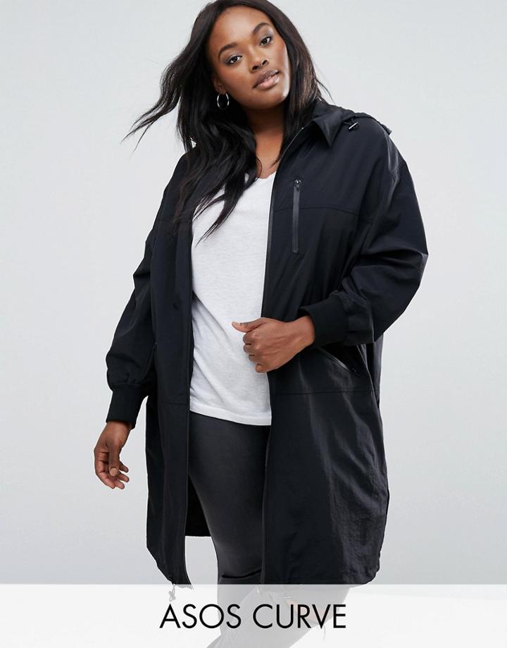 Asos Curve Rain Trench In Midi Length - Black