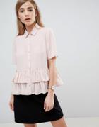 Asos Design Short Sleeve Soft Shirt With Double Ruffle Hem - Pink