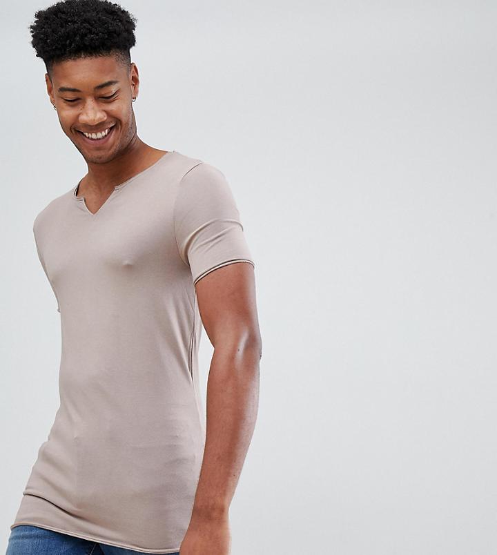Asos Design Tall Muscle Fit T-shirt With Raw Notch Neck In Beige - Beige