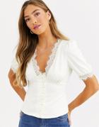 Fashion Union Button Front Sateen Blouse With Eyelash Lace Trim-cream