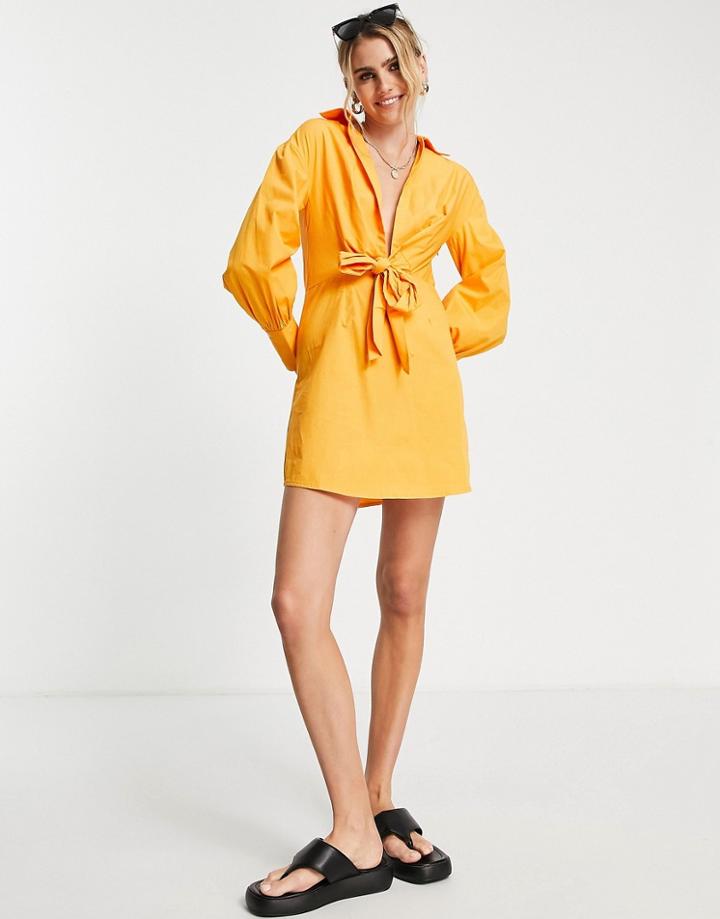 River Island Tie Detail Shirt Mini Dress In Orange