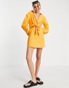 River Island Tie Detail Shirt Mini Dress In Orange