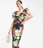 Asos Design Tall Ruffle Cupped Pencil Midi Dress In Floral Print-multi