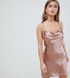 Asos Design Petite Bias Cut Cowl Neck Mini Dress In High Shine Satin - Copper