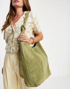 Asos Design Khaki Suede Slouchy Tote With Strap Detail-green