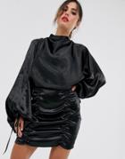 Asos Design Satin Mini Dress With Ruched Skirt And Blouson Top - Black