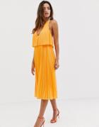 Asos Design Pleated Midi Dress With Double Layer Bodice And V Neck - Orange