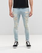 Asos Super Skinny Jeans With Extreme Rips In Mid Wash Blue - Light Blue