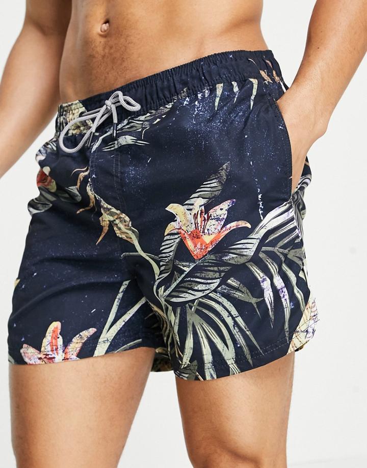 Jack & Jones Intelligence Swim Shorts With Hawaiian Print In Navy