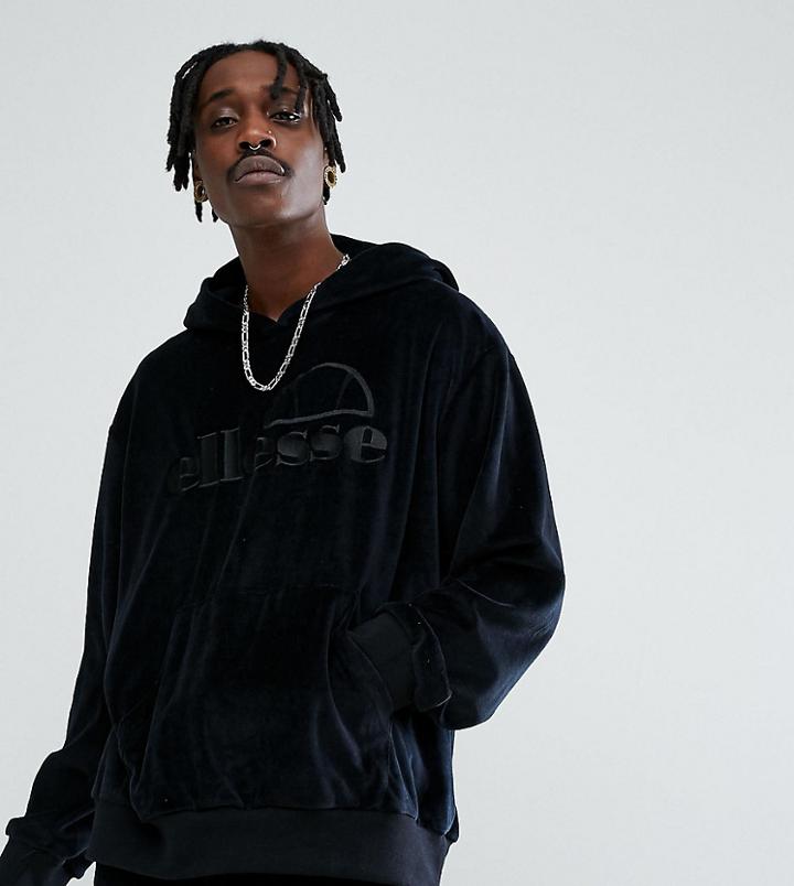 Ellesse Oversized Velour Hoodie With Embroidered Logo In Black - Black