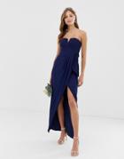 Tfnc Bridesmaid Exclusive Bandeau Wrap Midaxi Dress With Pleated Detail In Navy - Navy