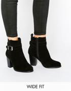 Faith Wide Fit Buckle Strap Suede Heeled Ankle Boots - Black