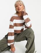 Asos Design Super Crop Tee With Long Sleeve Cuff Detail And Contrast Stitch In Stripe-brown