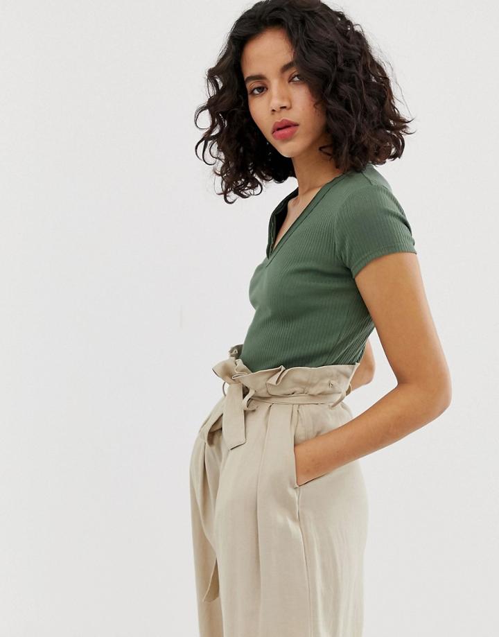 River Island V Neck T-shirt In Khaki-green