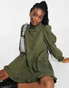 Miss Selfridge Frill Hem Smock Shirt Dress In Khaki-green