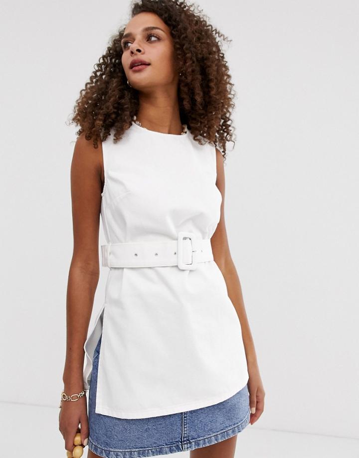 Asos Design Denim Longline Tank Top With Belt In White