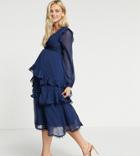 Asos Design Maternity Midi Dress With Long Sleeve And Circle Trim-navy