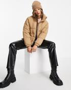 Topshop Quilted Mid Length Puffer Jacket In Tan-brown