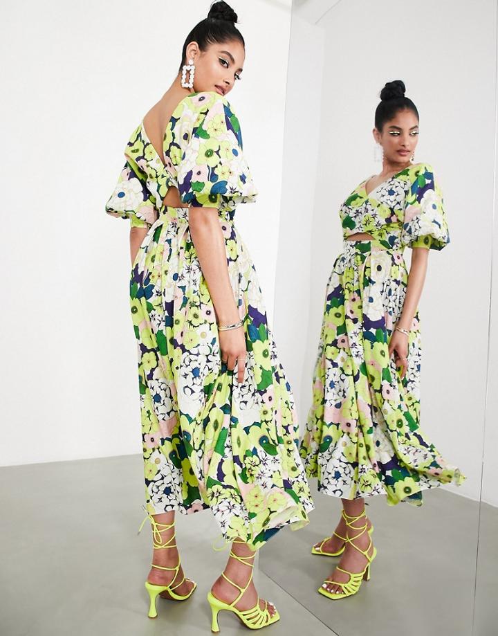 Asos Edition Wrap Front Linen Midi Dress With Blouson Sleeve In Floral Print-multi