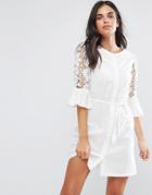 Vila Cotton Dress With Fluted Sleeve And Lace Inserts - White