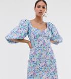 Reclaimed Vintage Inspired Button Tea Dress With Puff Sleeve In Floral Print - Blue