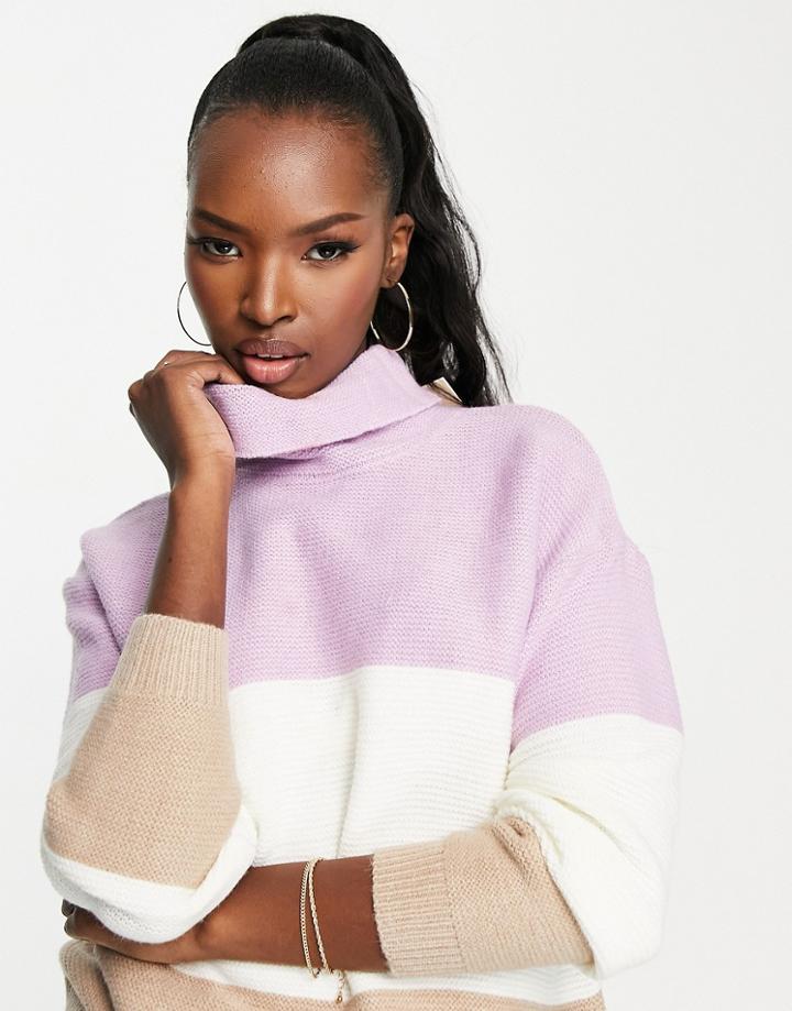 Qed London Roll Neck Sweater In Color Block Stripe-multi