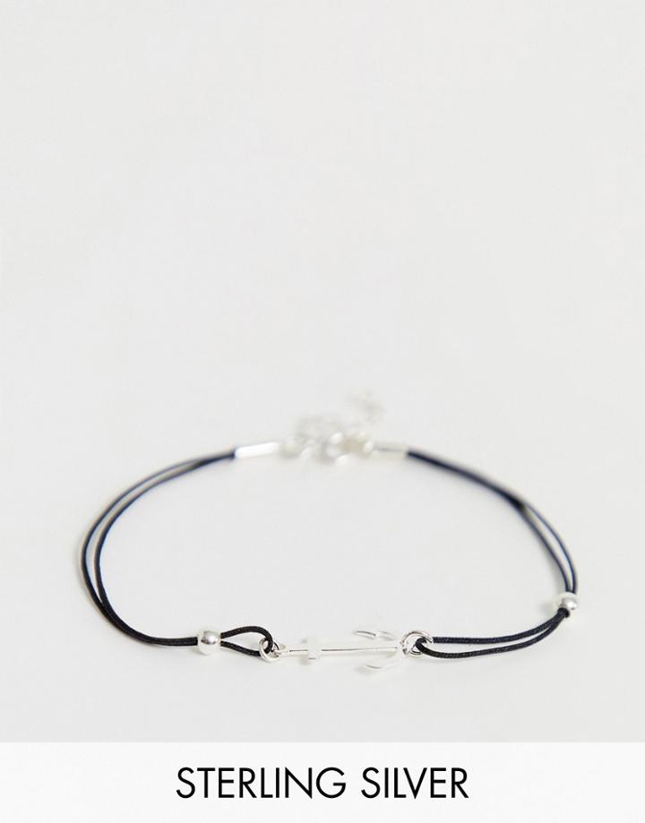 Asos Design Sterling Silver Bracelet With Anchor Charm In Black - Black
