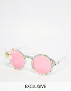 Spangled Sunglasses In White With 3d Flowers